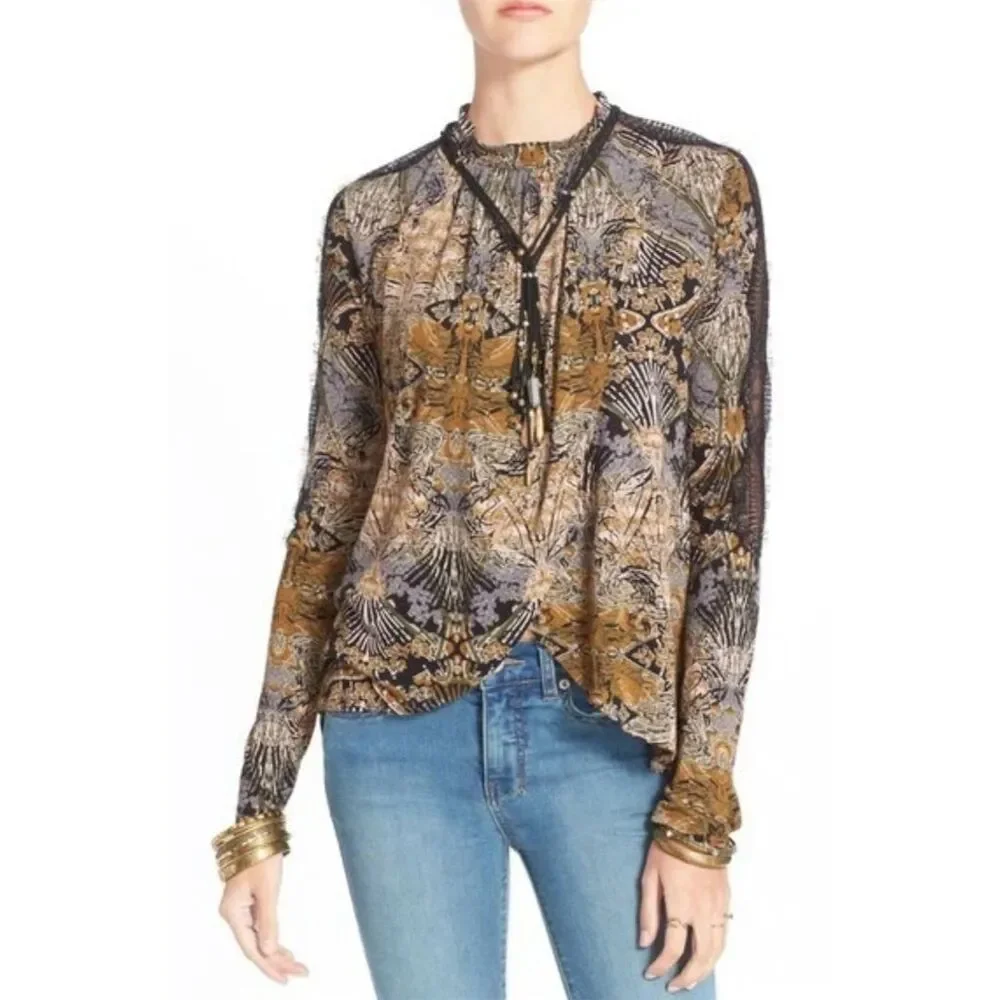 Free People Women's XS Tulip‎ Drape Nouveau Blouse Top Boho Coal Combo Lace